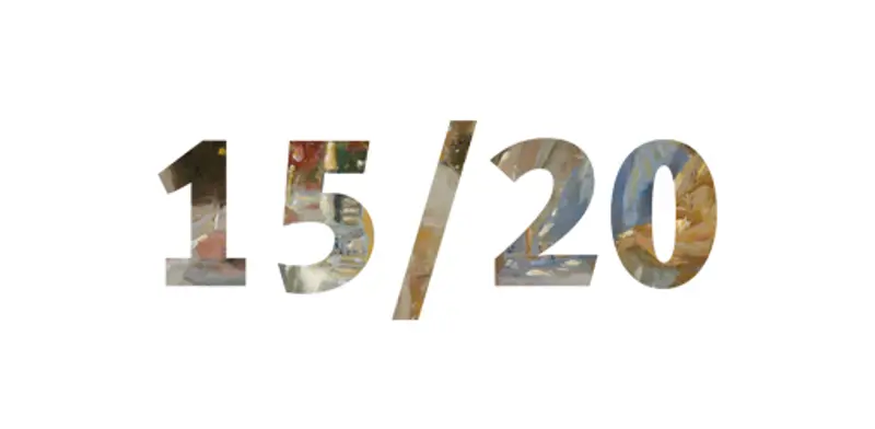 Illustration of the number 15 and 20 with a slash between them.
